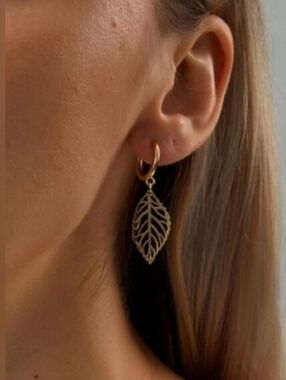 Anthropologie Tiny Gold Skeleton Leaf Huggie Hoop Earrings